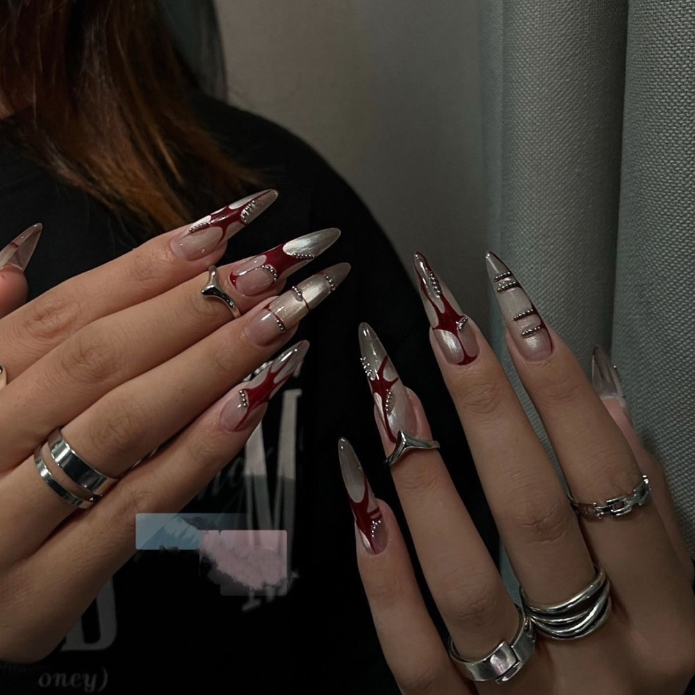 Chic Burgundy and Silver Press-On Nails